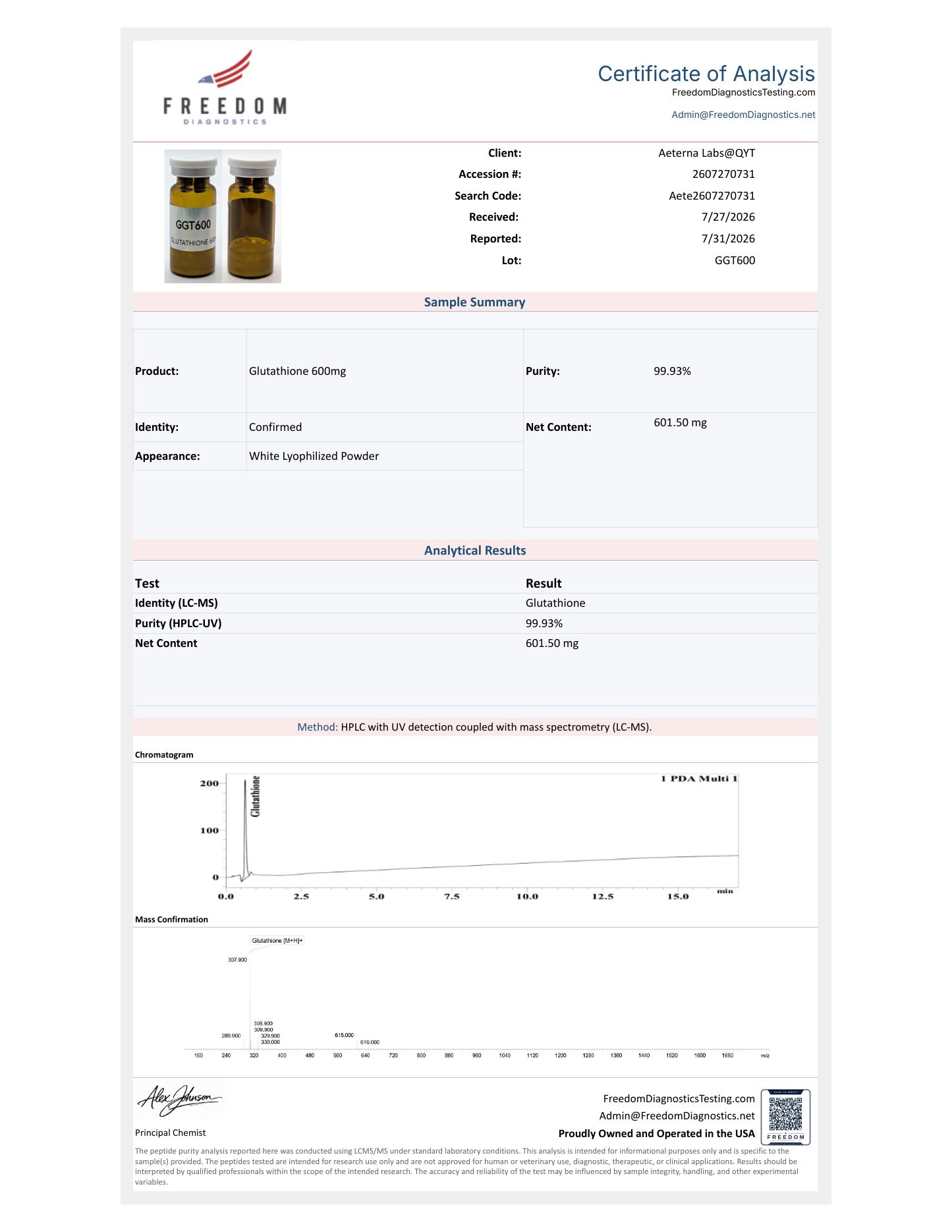 Glutathione 600mg certificate of analysis preview